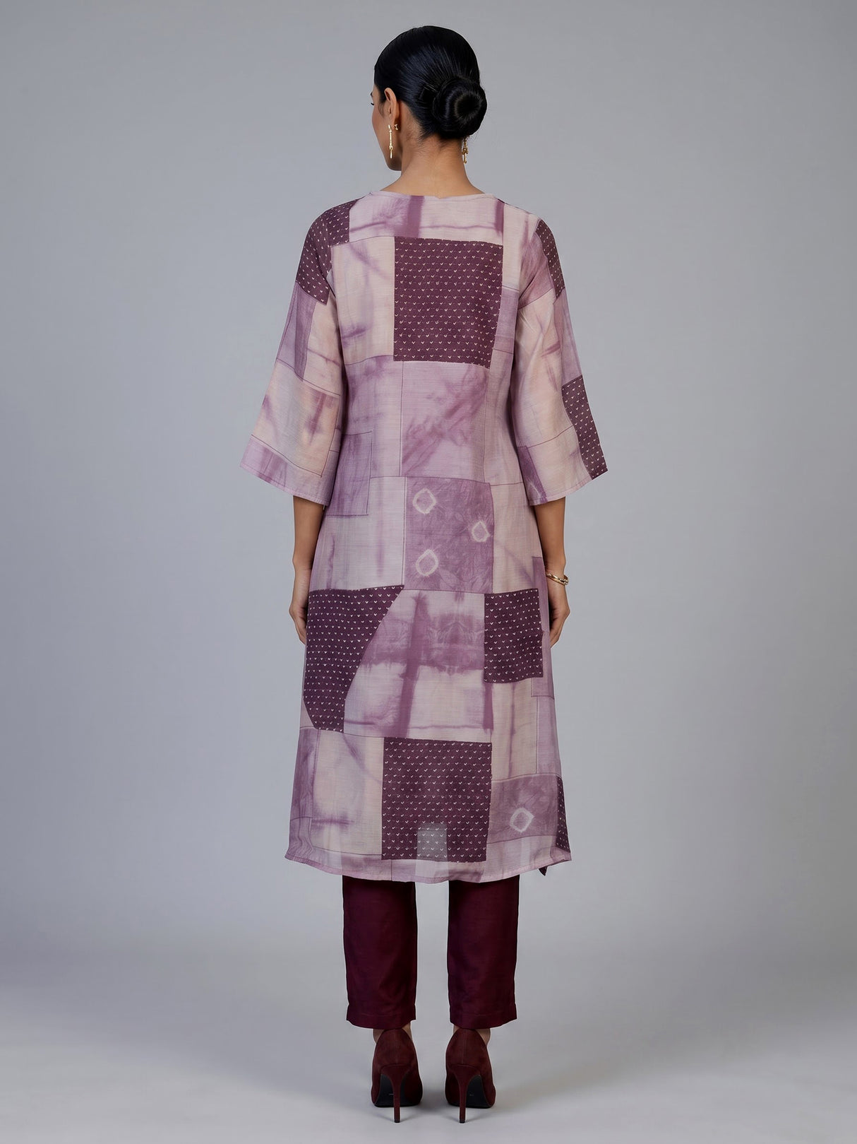 Wine silk kurti set with elegant printed pant and neckline