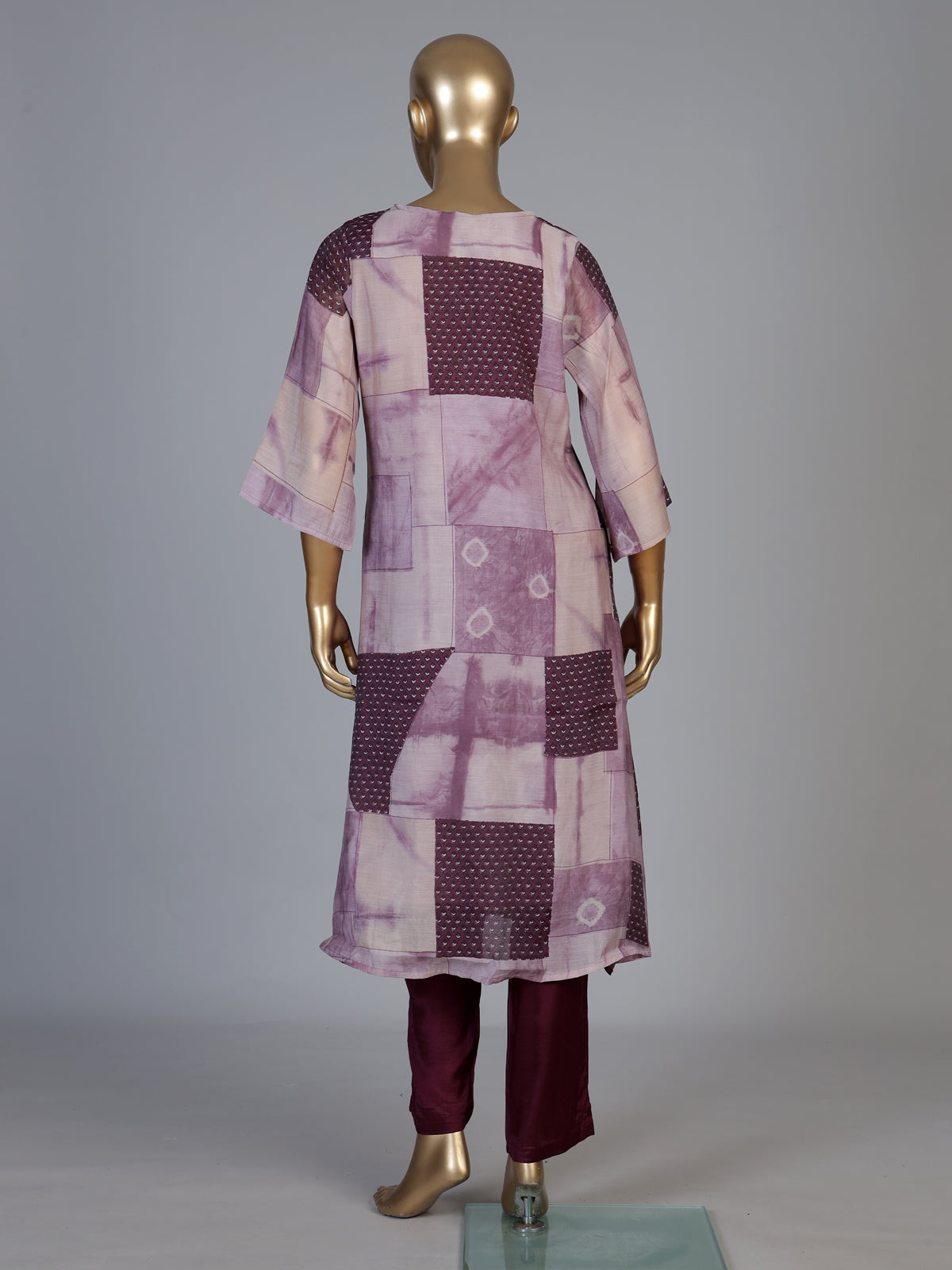 Wine silk kurti set with elegant printed pant and neckline