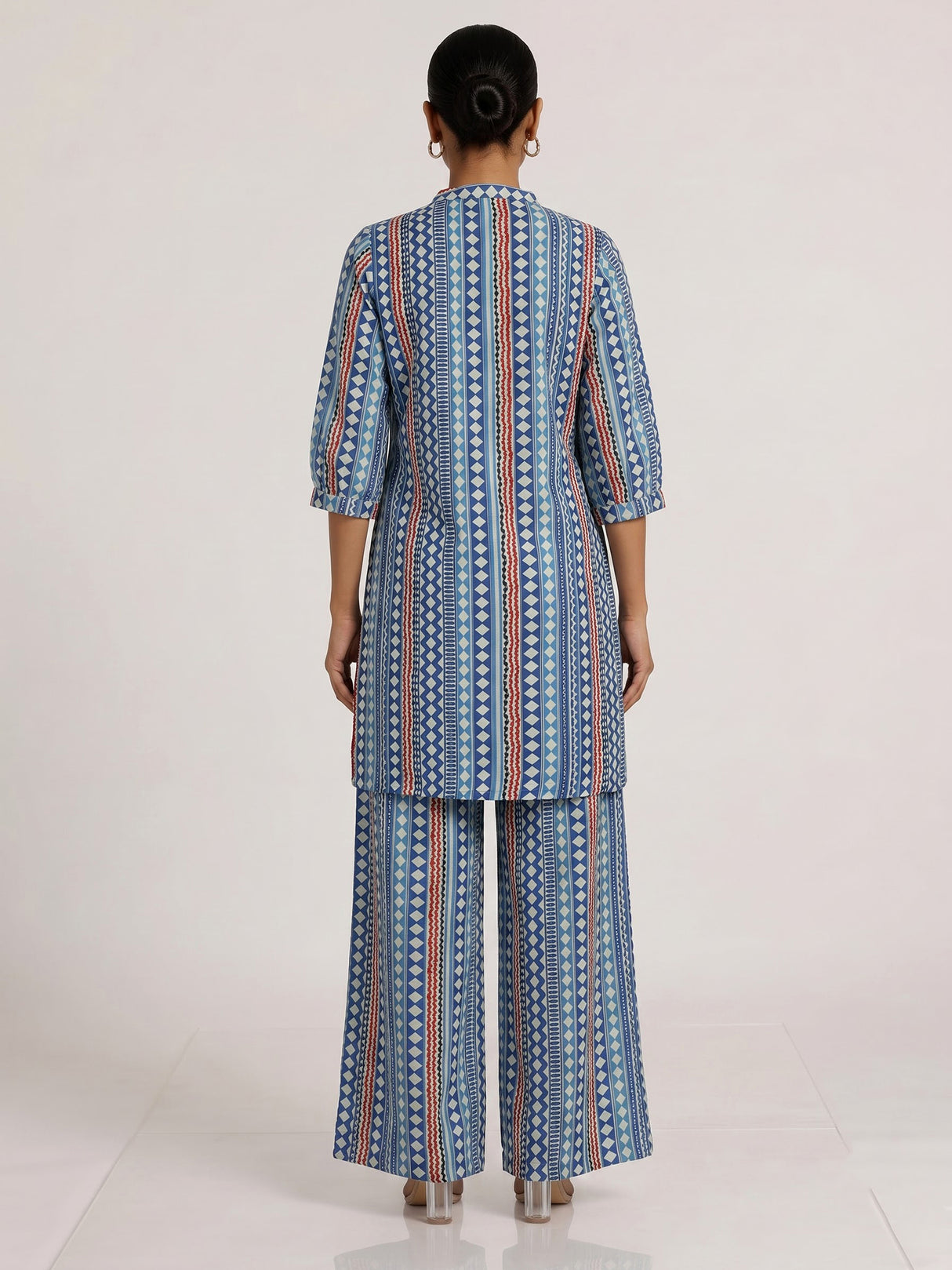 Blue silk blend palazzo kurti set with sophisticated printed design