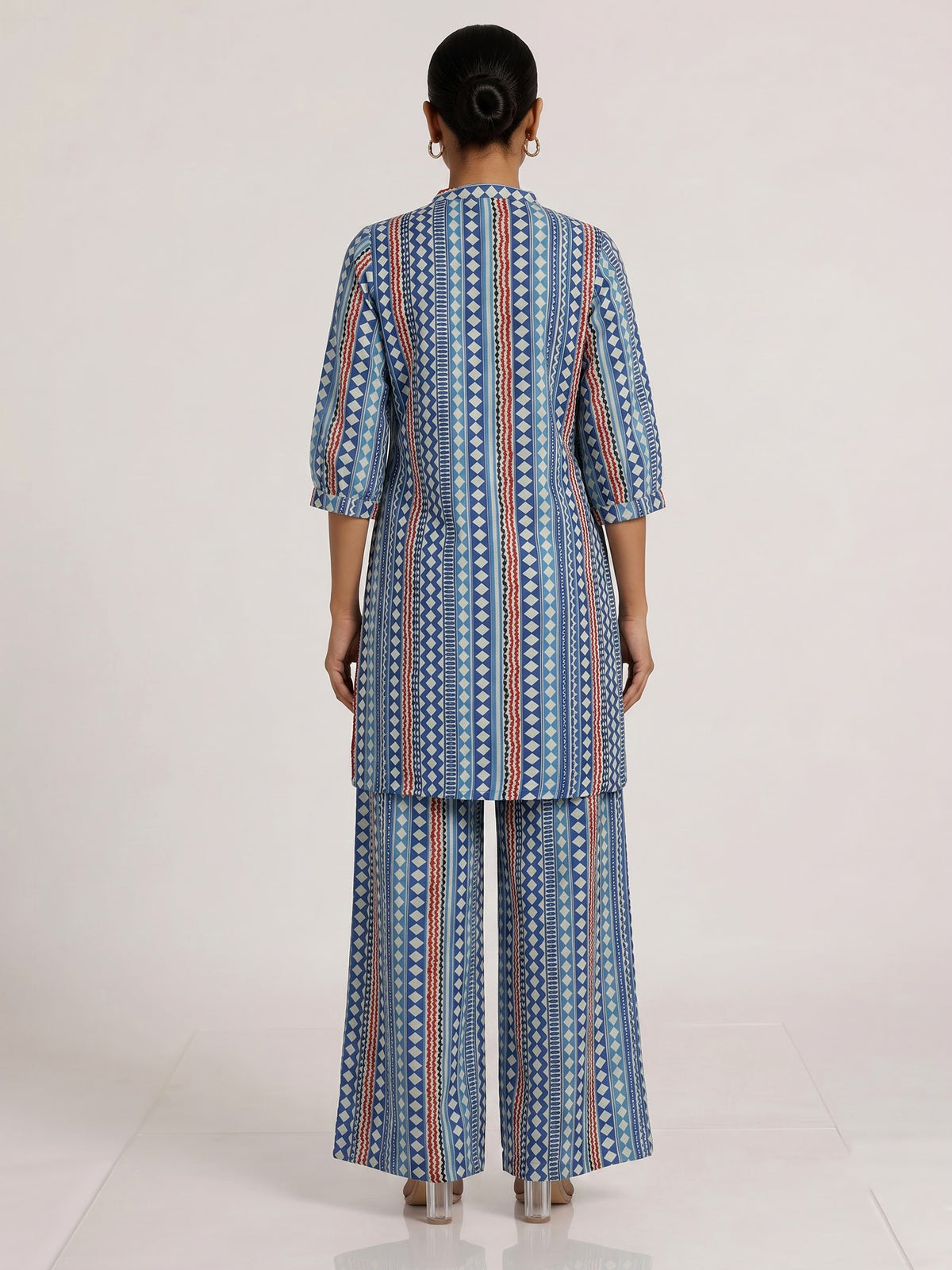 Blue silk blend palazzo kurti set with sophisticated printed design