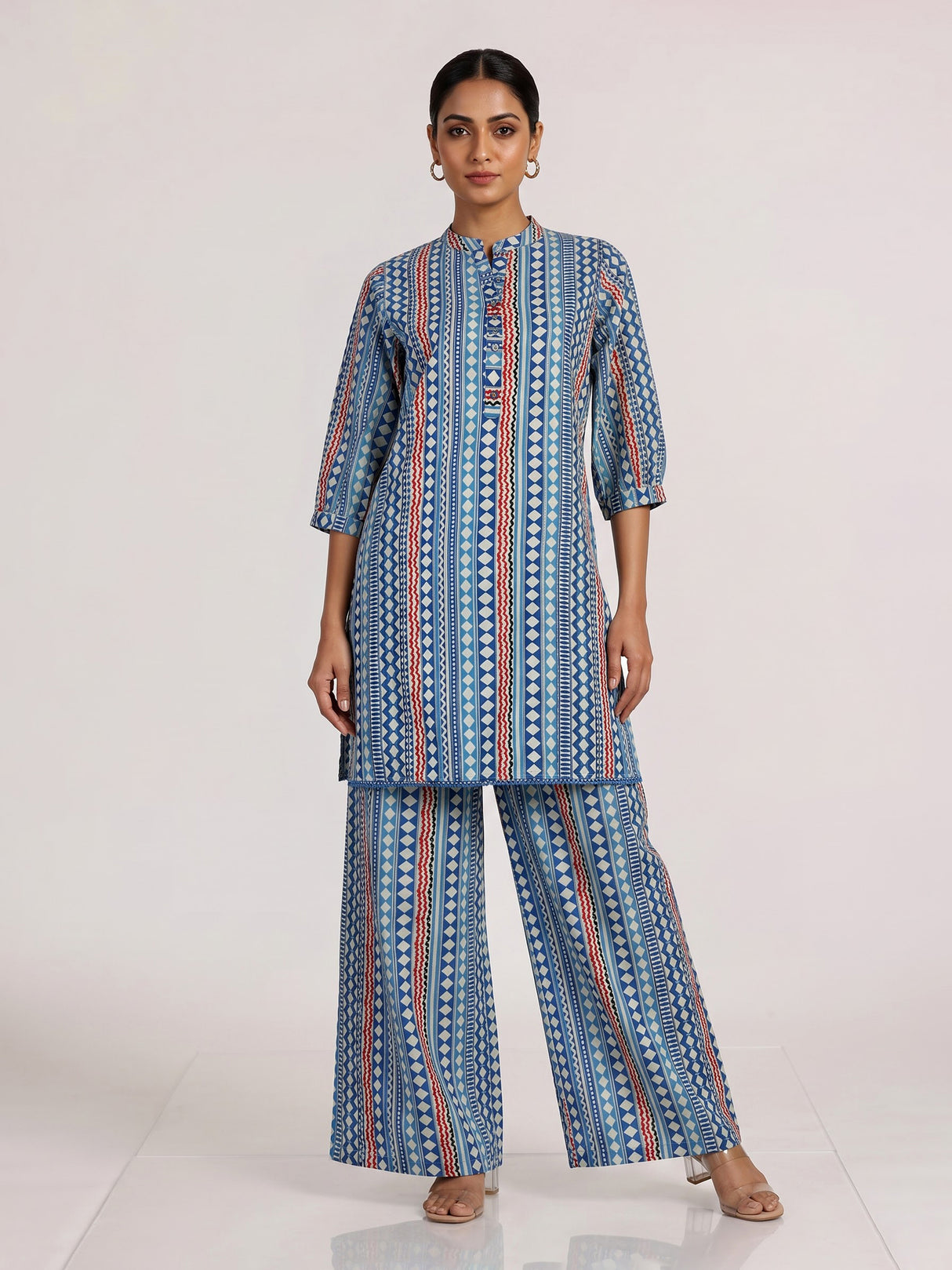 Blue silk blend palazzo kurti set with sophisticated printed design