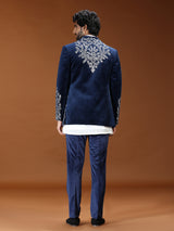 Blue botanical embroidered velvet mens indo western