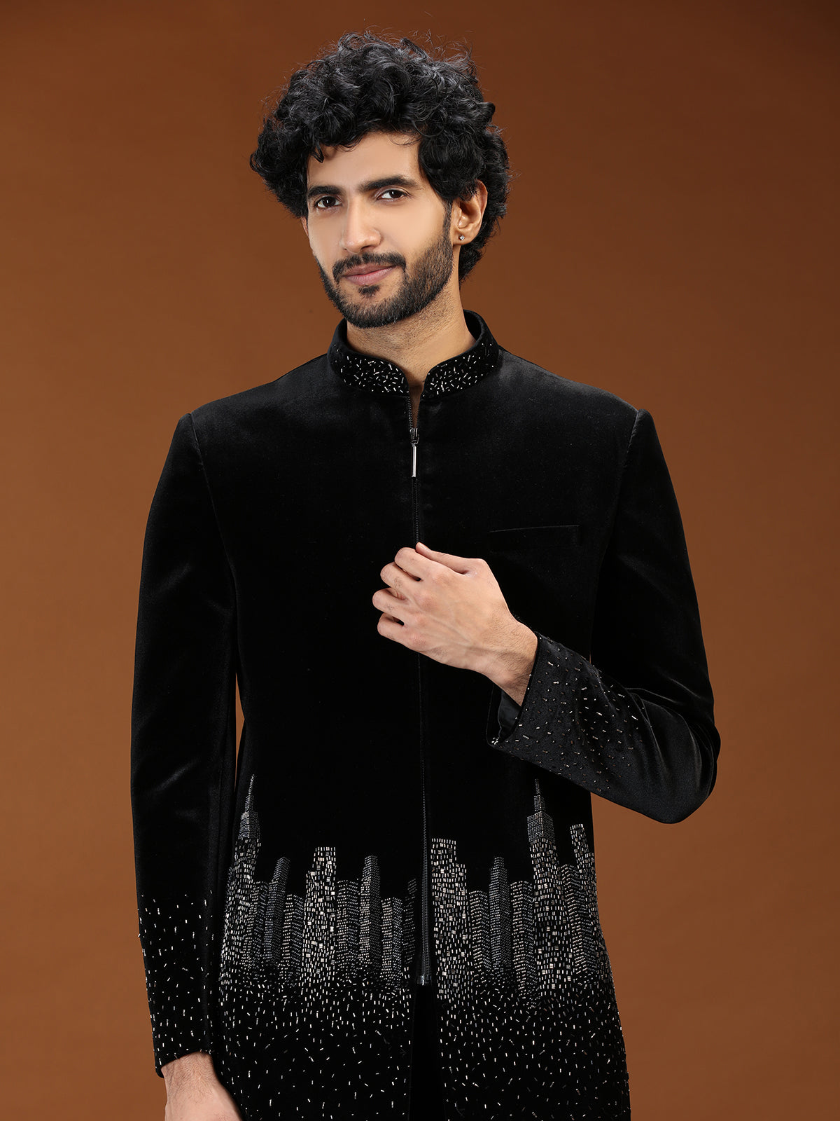 Black geometric skyline velvet mens indo western