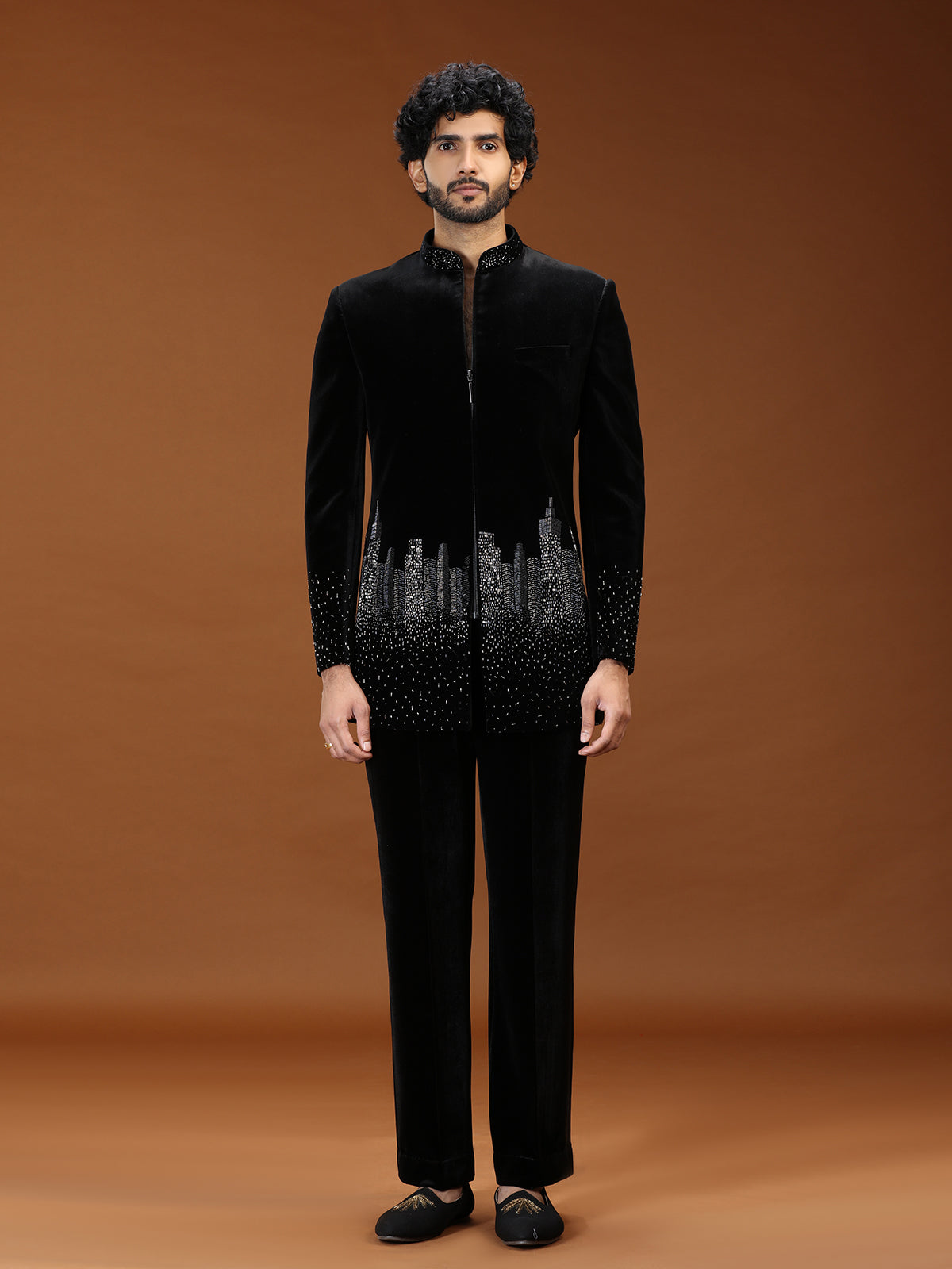 Black geometric skyline velvet mens indo western