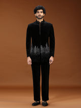 Black geometric skyline velvet mens indo western
