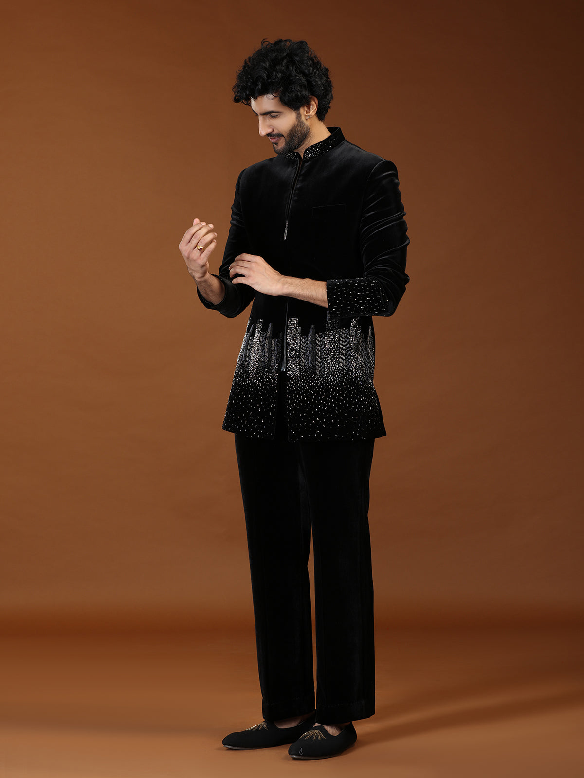 Black geometric skyline velvet mens indo western