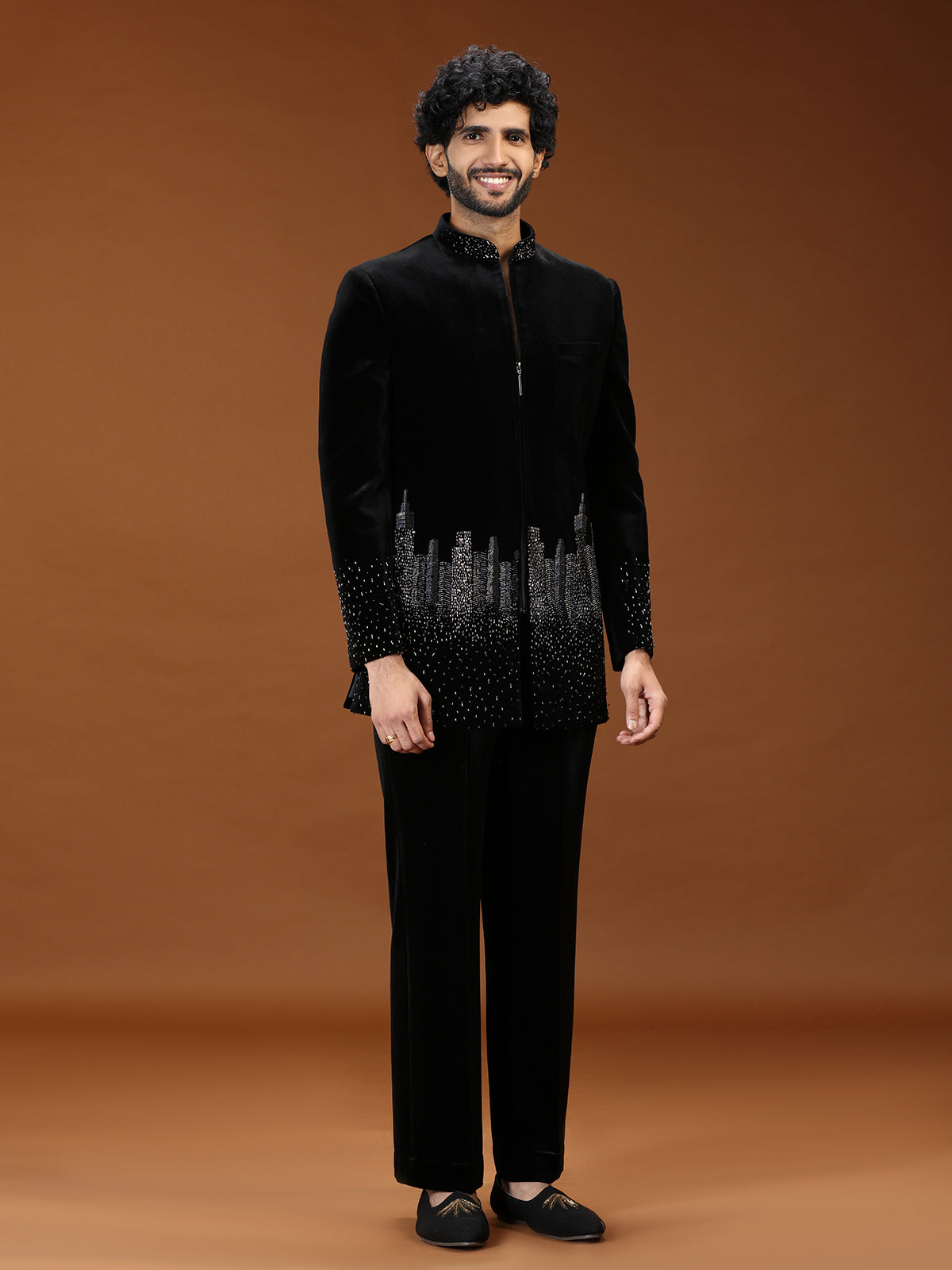 Black geometric skyline velvet mens indo western