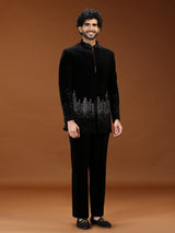 Black geometric skyline velvet mens indo western