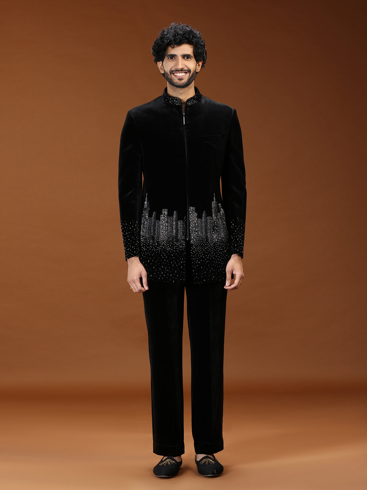 Black geometric skyline velvet mens indo western