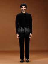 Black geometric skyline velvet mens indo western