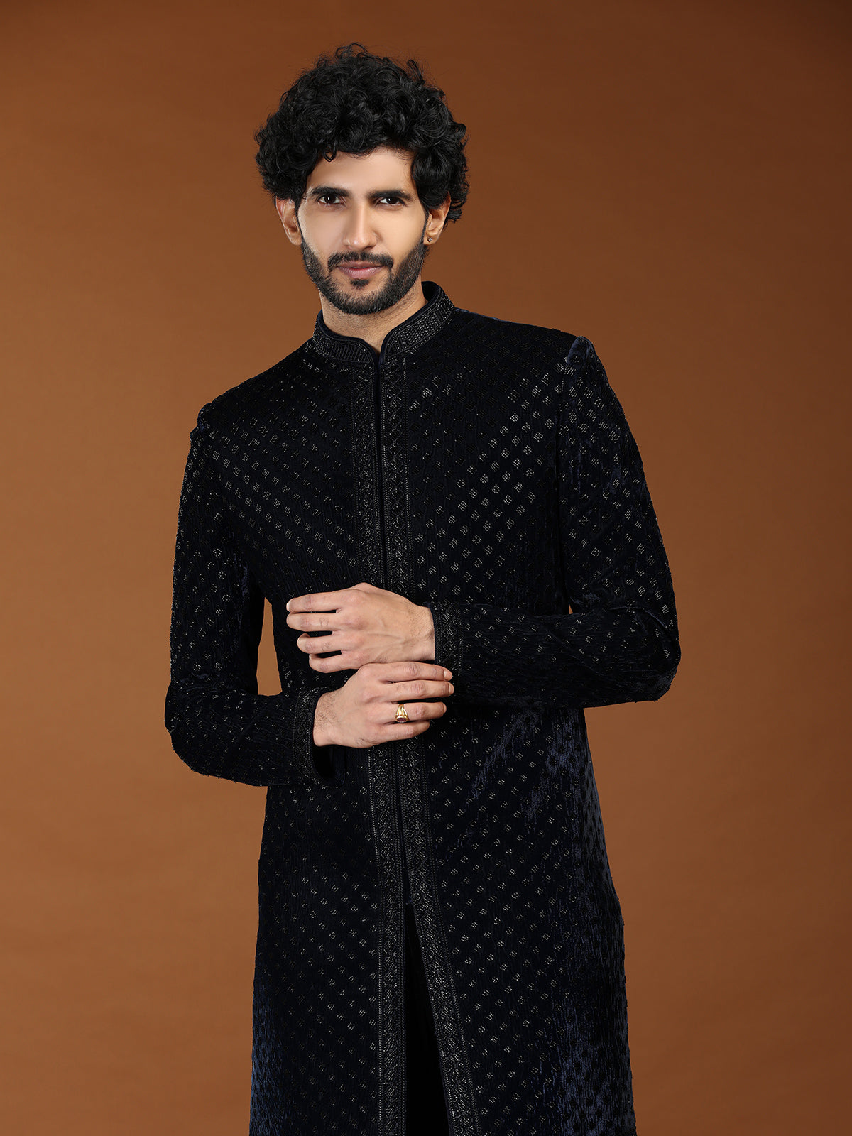 Blue cutdana velvet mens indo western