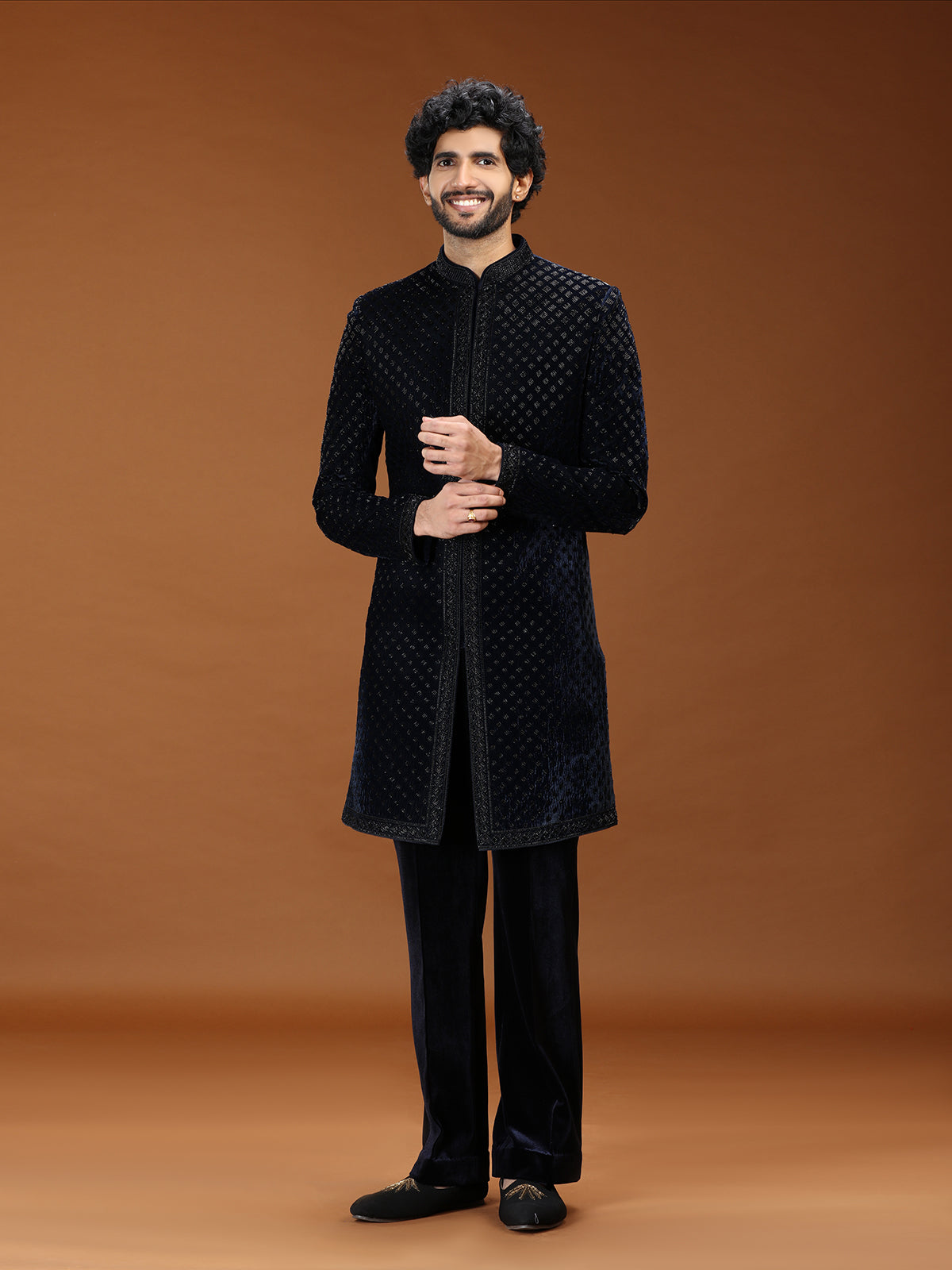 Blue cutdana velvet mens indo western