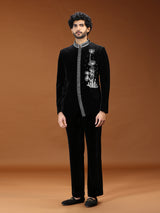 Black dandelion embroidered velvet mens indo western