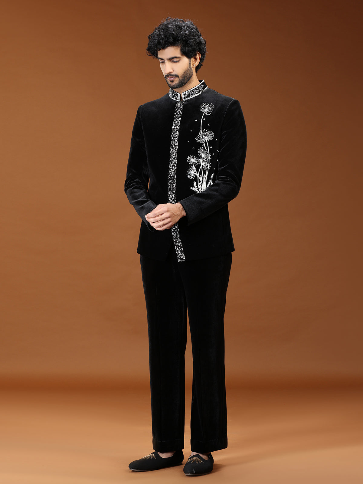 Black dandelion embroidered velvet mens indo western