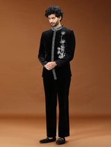 Black dandelion embroidered velvet mens indo western