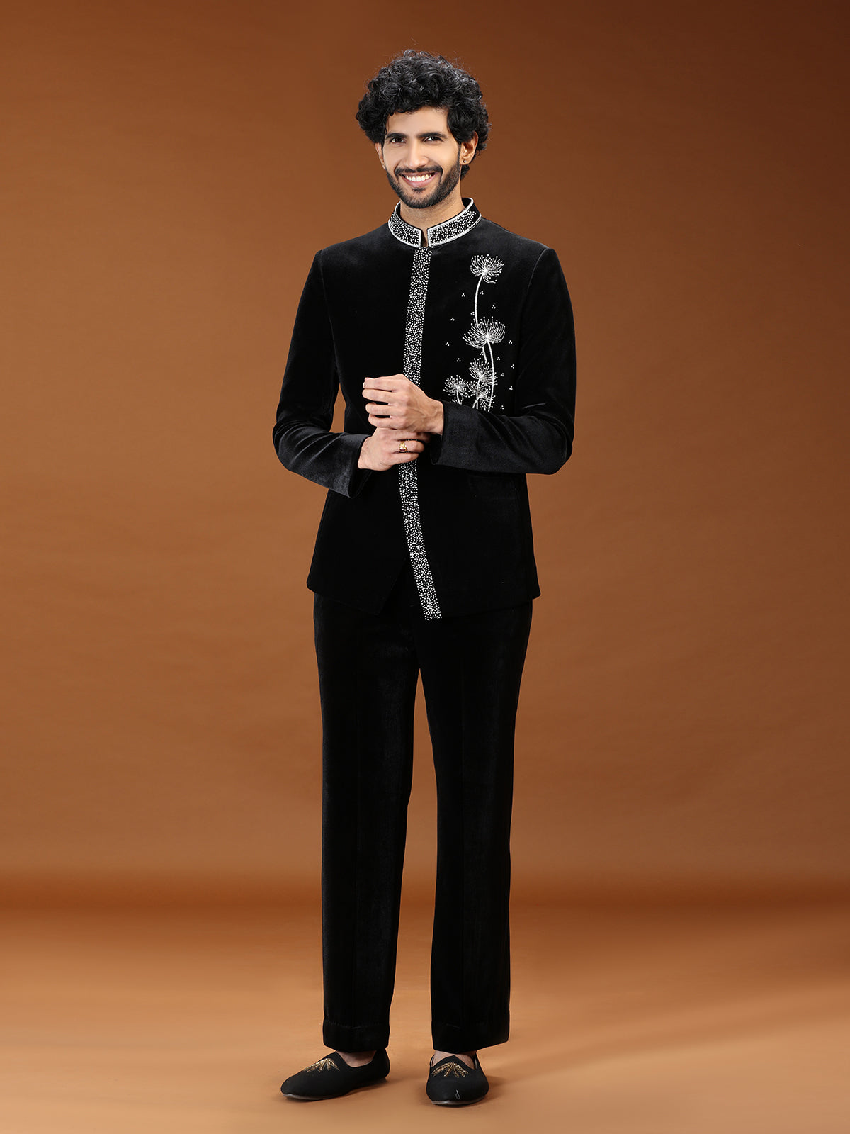 Black dandelion embroidered velvet mens indo western