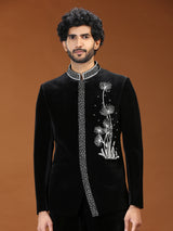 Black dandelion embroidered velvet mens indo western