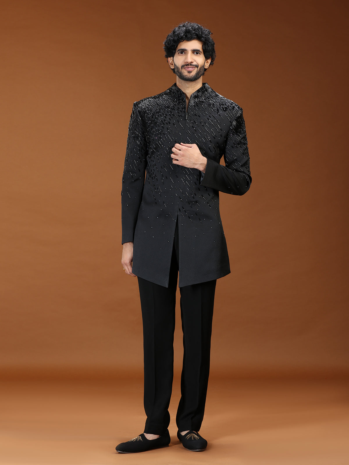 Black textured rayon mens indo western suit