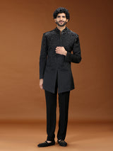 Black textured rayon mens indo western suit