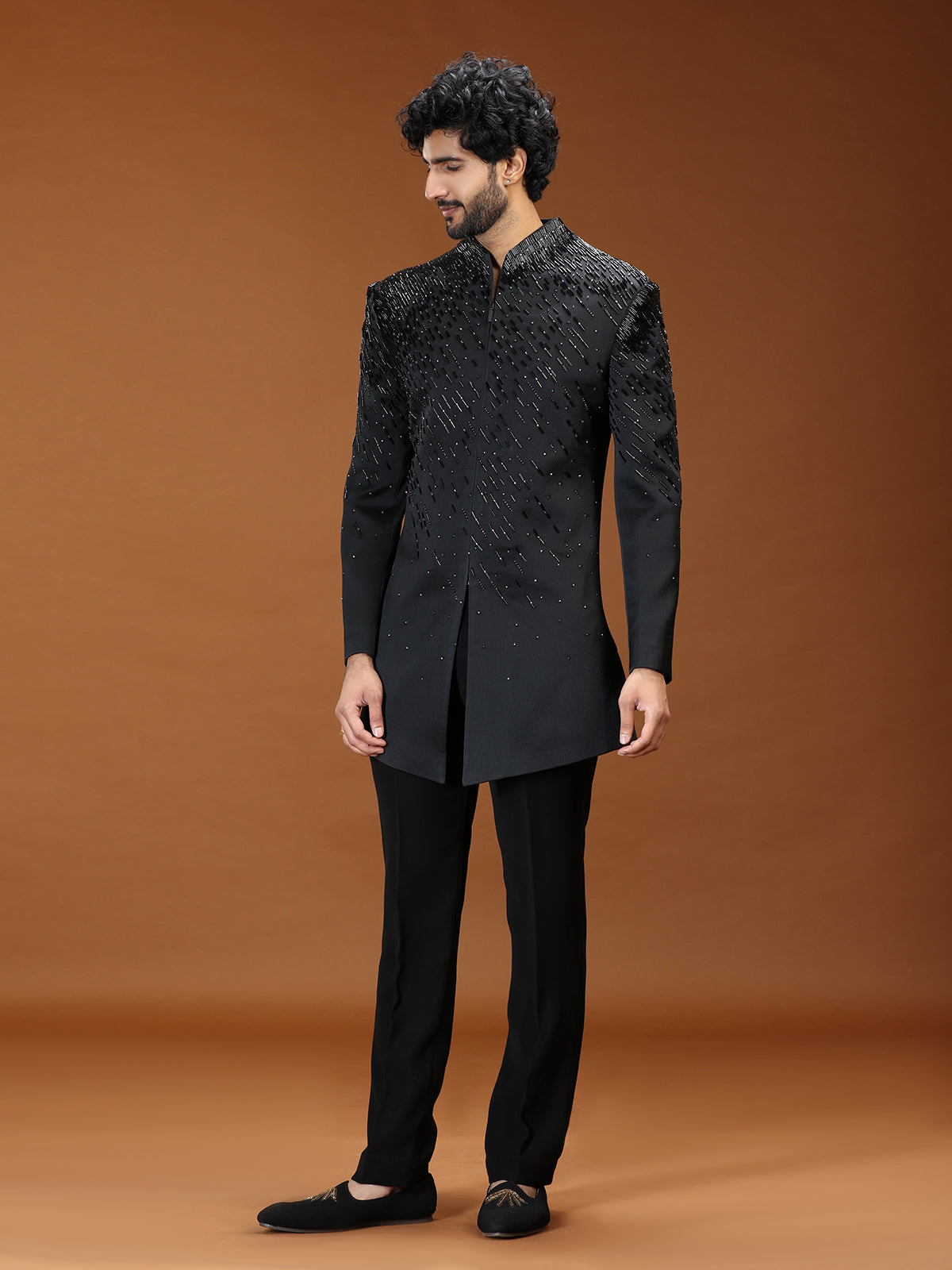 Black textured rayon mens indo western suit