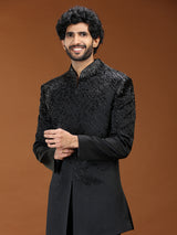 Black textured rayon mens indo western suit