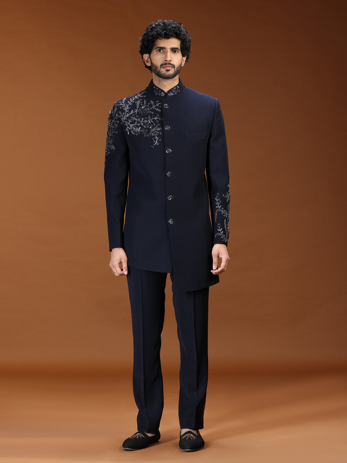 Navy blue baroque embroidered mens indo western