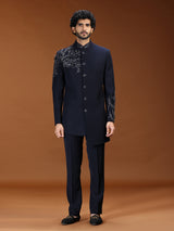 Navy blue baroque embroidered mens indo western