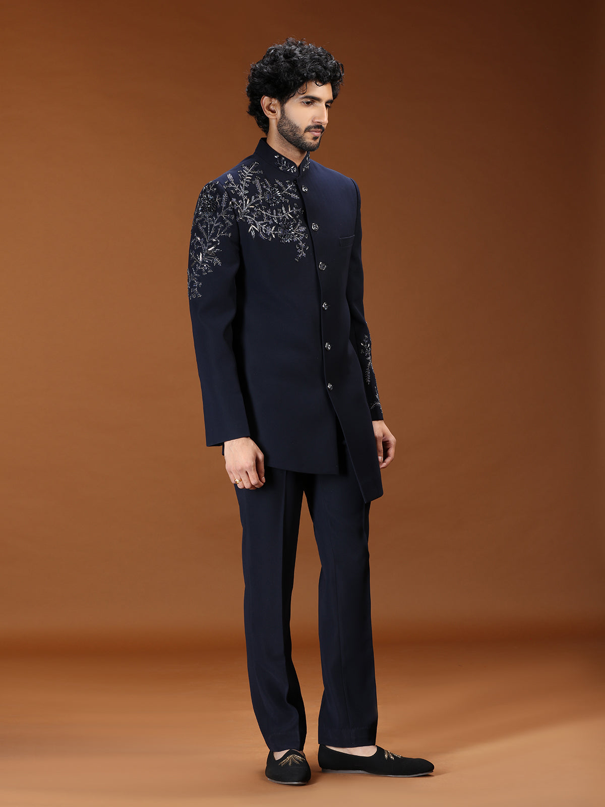 Navy blue baroque embroidered mens indo western