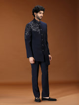 Navy blue baroque embroidered mens indo western