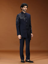 Navy blue baroque embroidered mens indo western