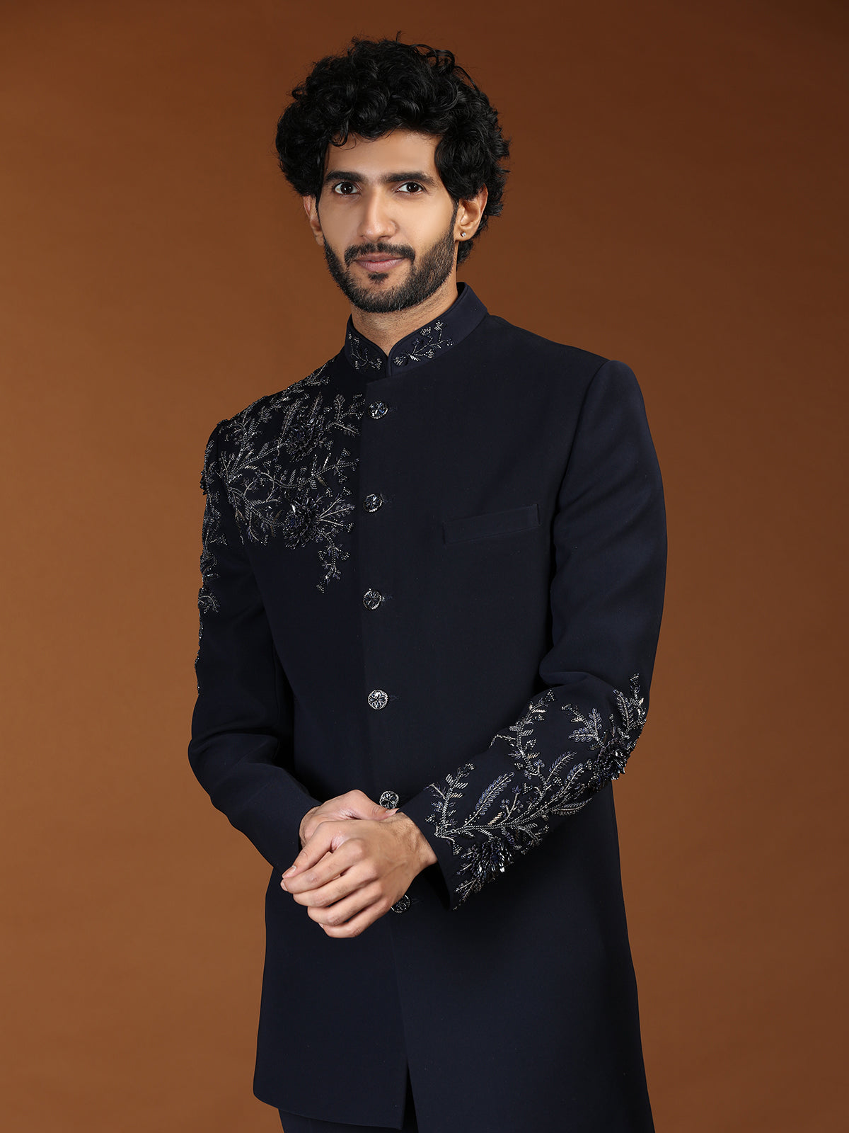 Navy blue baroque embroidered mens indo western
