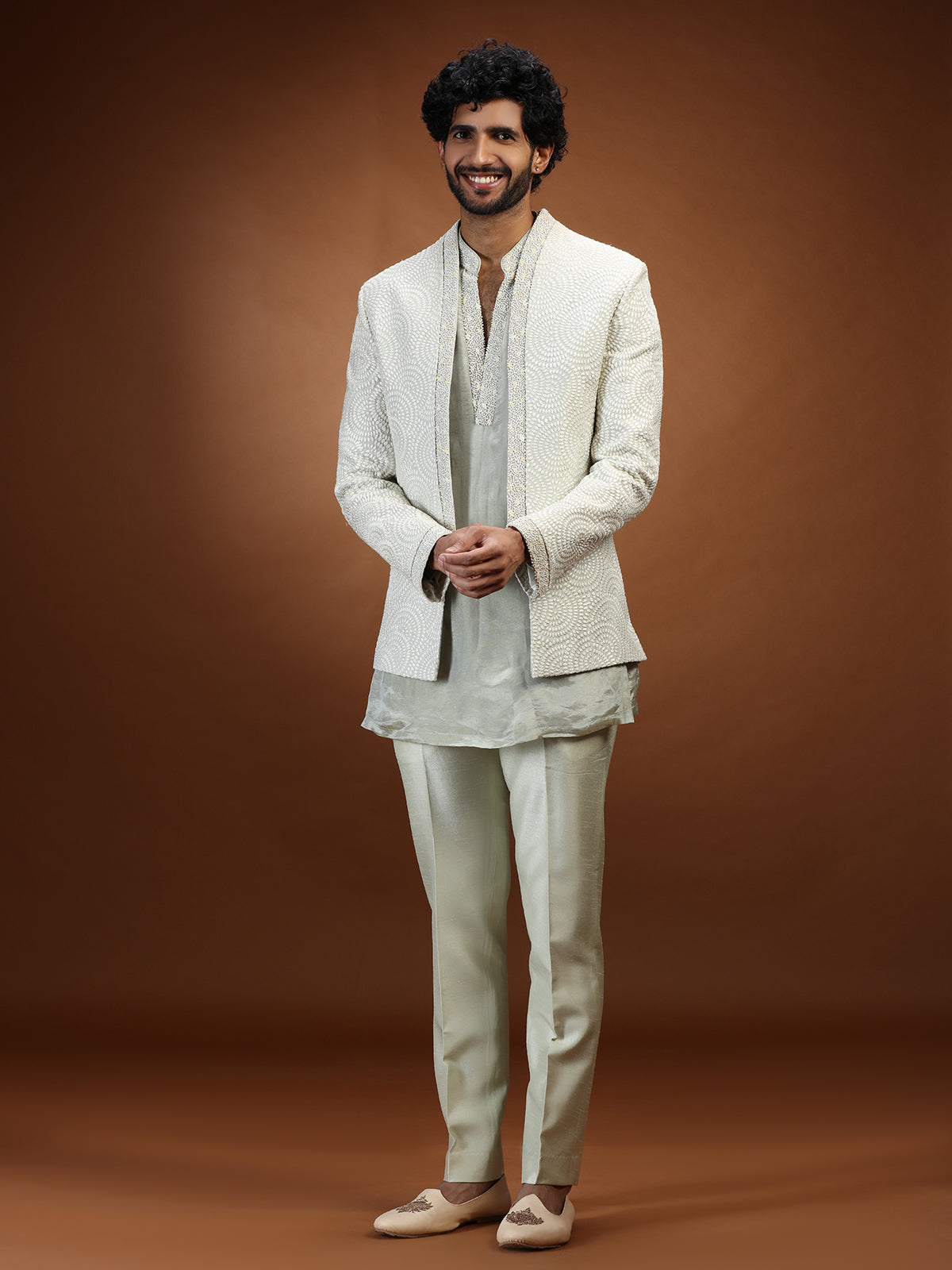 Mint green chikankari jacket mens indo western