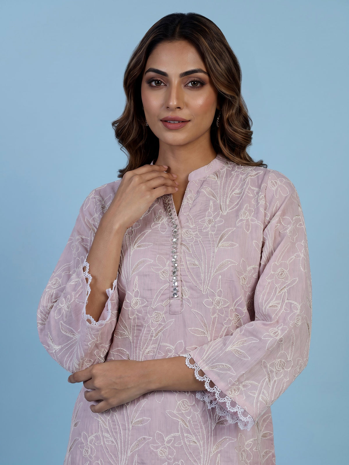 Pretty pink cotton blend kurti set with white threadwork
