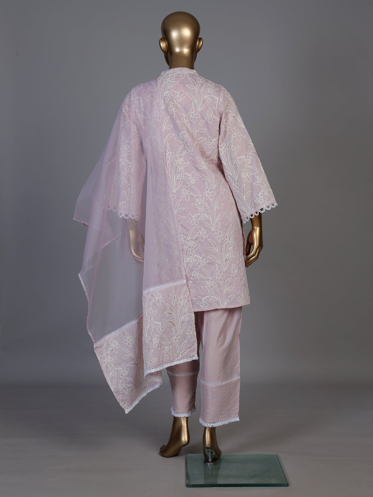Pretty pink cotton blend kurti set with white threadwork