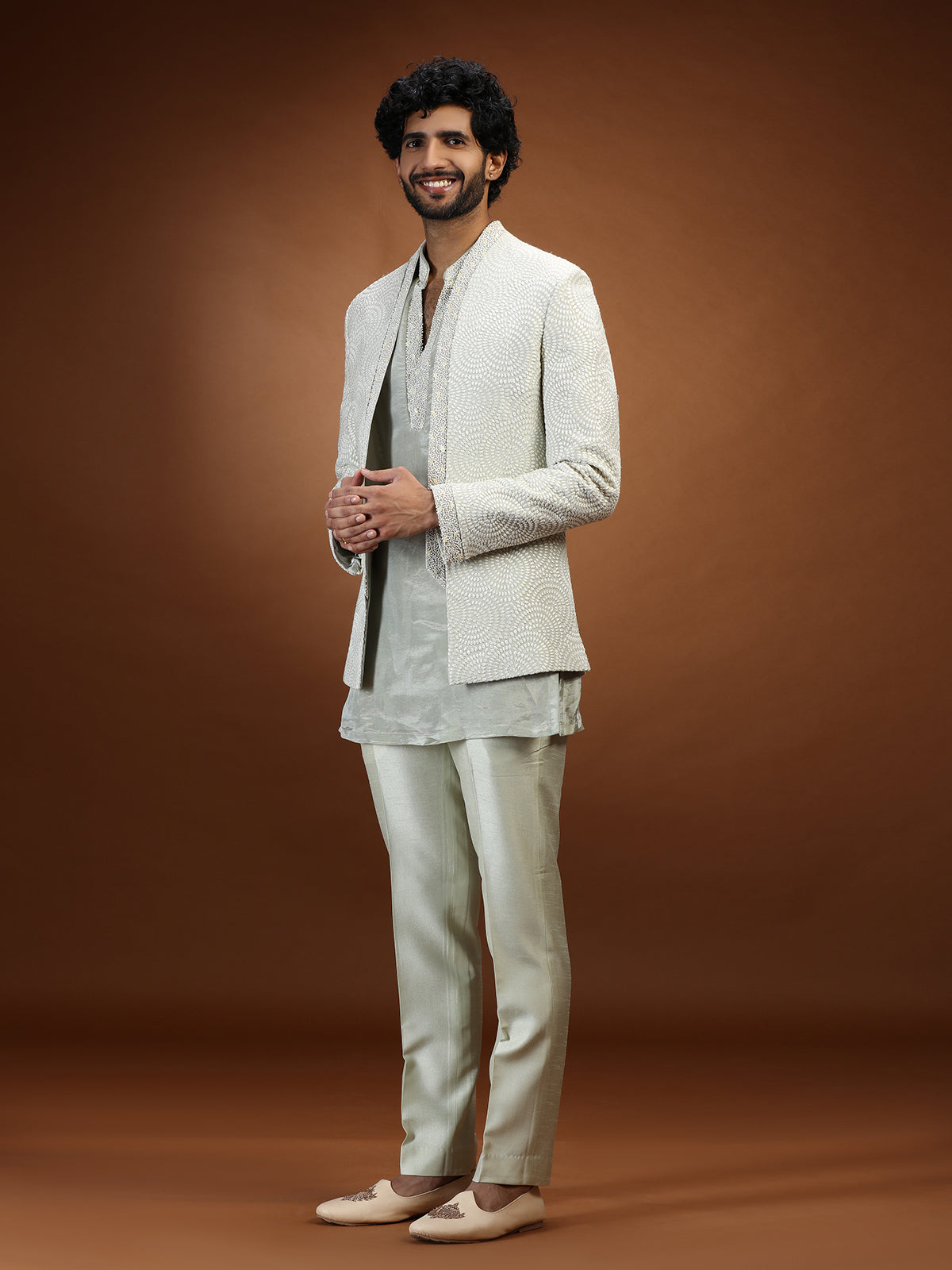 Mint green chikankari jacket mens indo western