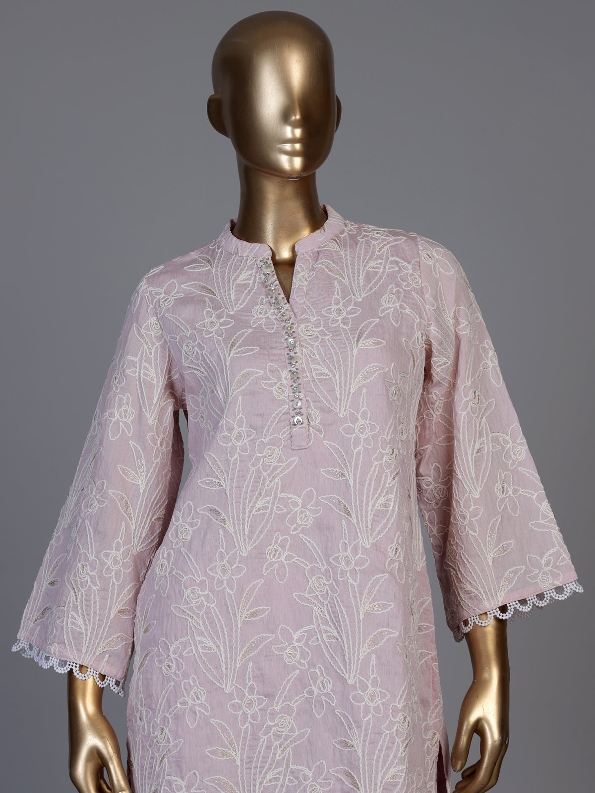 Pretty pink cotton blend kurti set with white threadwork