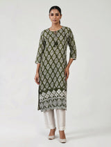 Graceful mehendi green silk kurti set with intricate cutwork