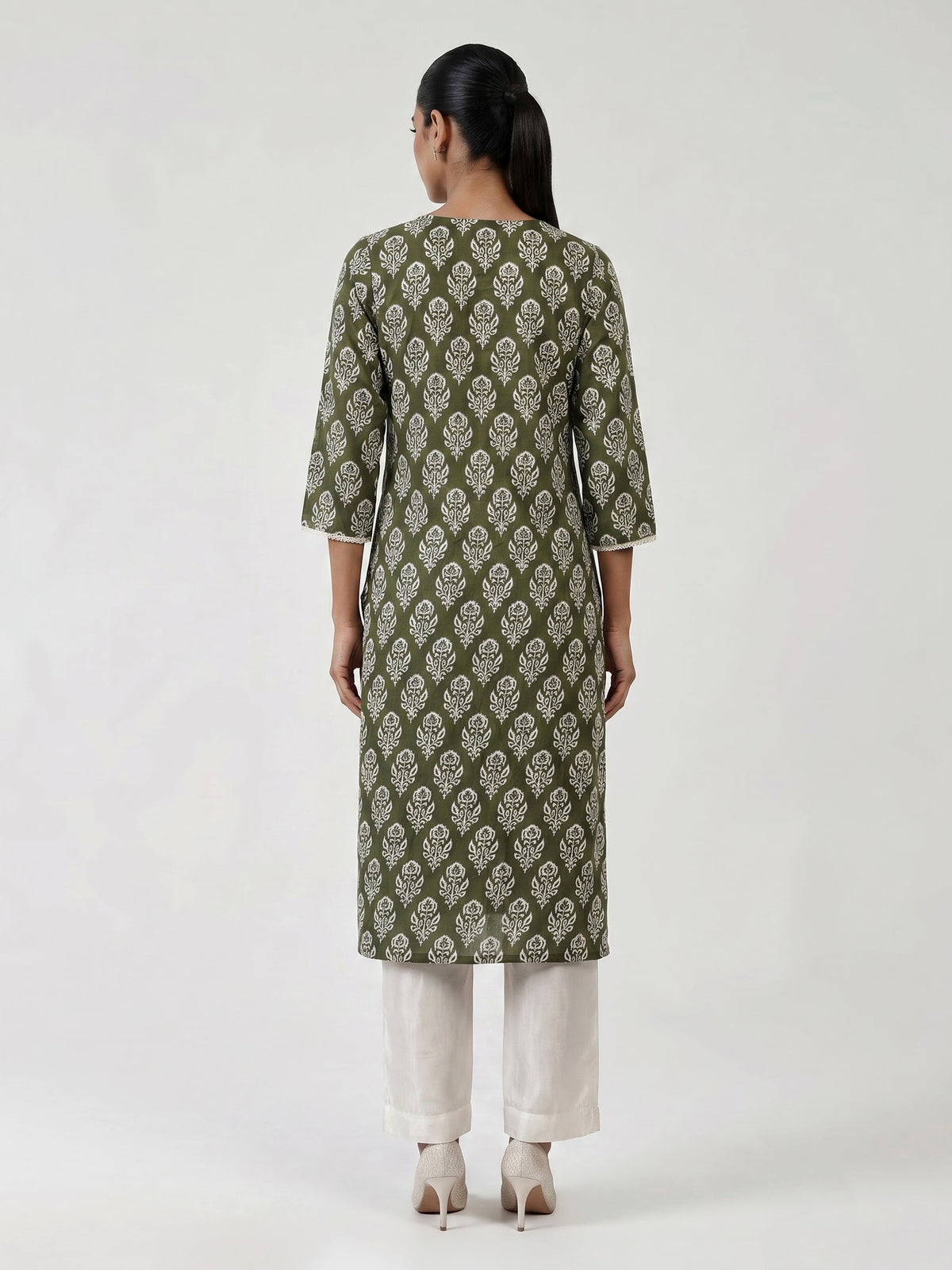 Graceful mehendi green silk kurti set with intricate cutwork