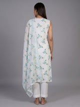 White cotton silk kurti set with elegant blue floral print