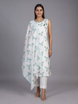 White cotton silk kurti set with elegant blue floral print