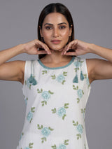 White cotton silk kurti set with elegant blue floral print