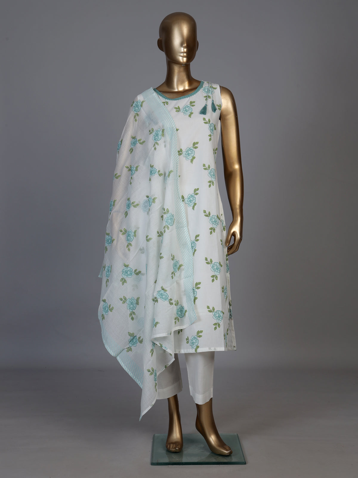 White cotton silk kurti set with elegant blue floral print