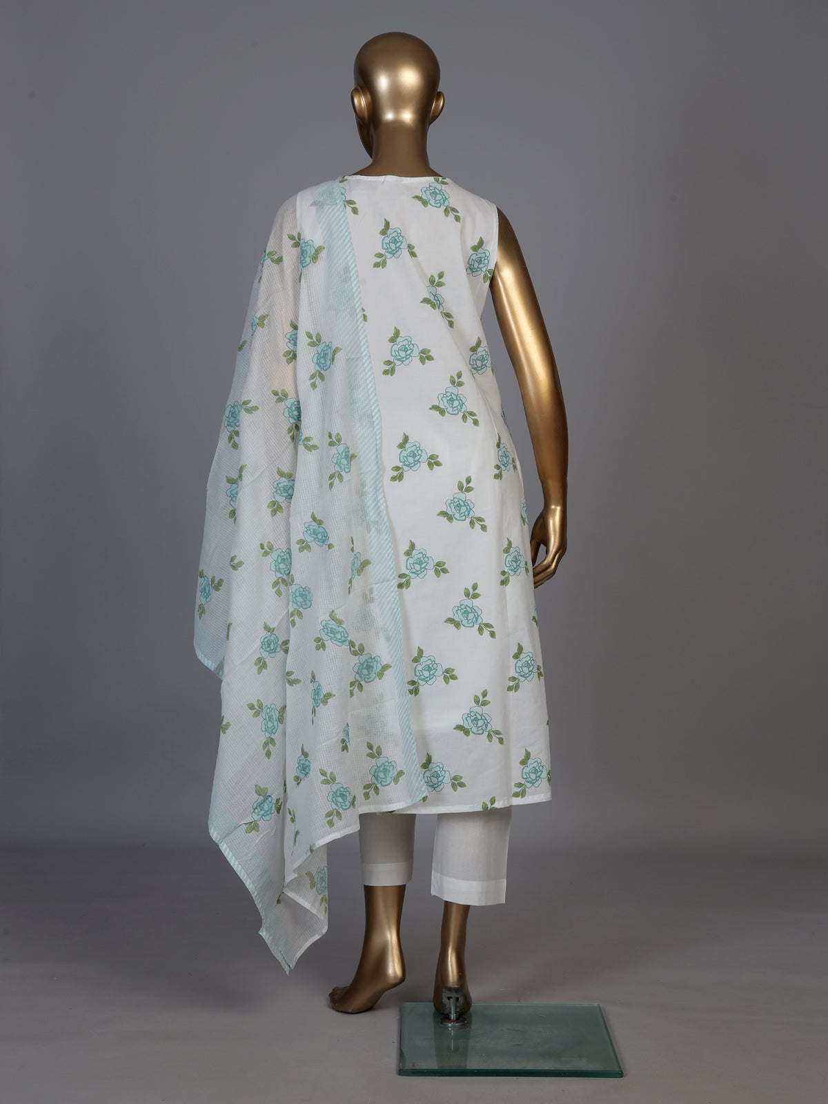 White cotton silk kurti set with elegant blue floral print