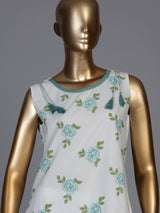 White cotton silk kurti set with elegant blue floral print