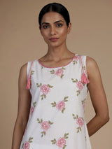 White cotton silk kurti set with pretty pink floral print