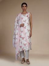 White cotton silk kurti set with pretty pink floral print