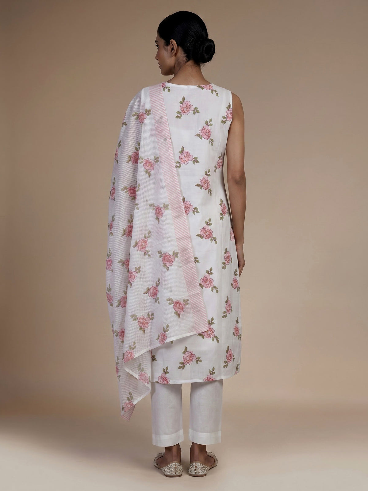 White cotton silk kurti set with pretty pink floral print