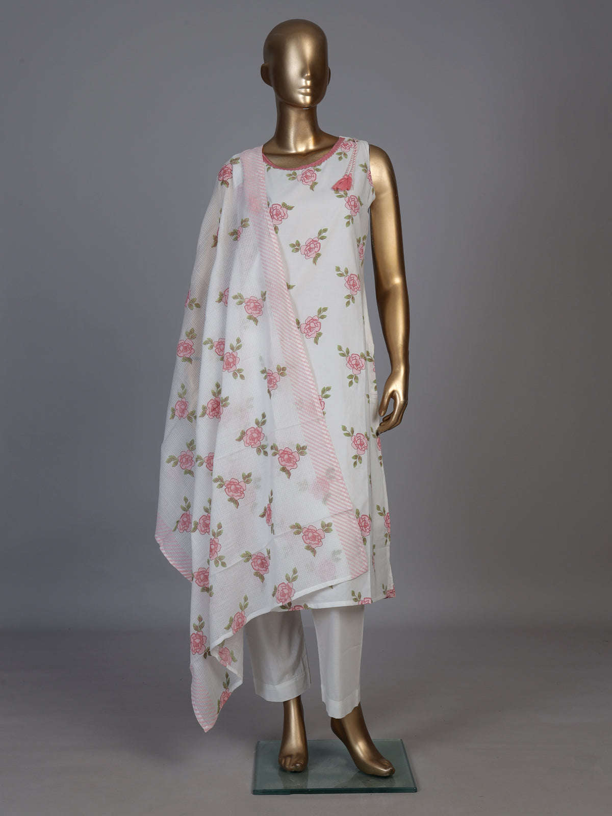 White cotton silk kurti set with pretty pink floral print