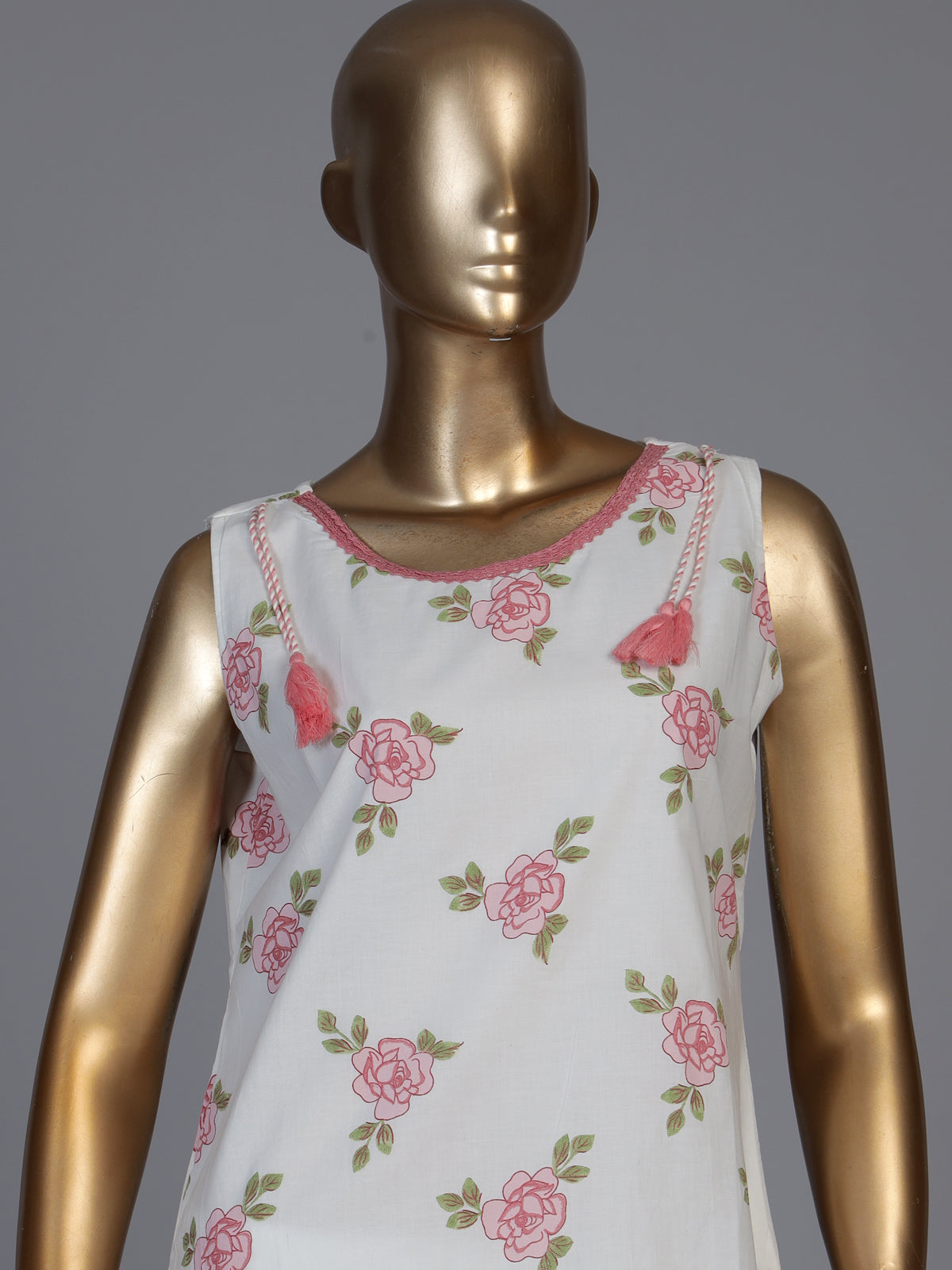 White cotton silk kurti set with pretty pink floral print