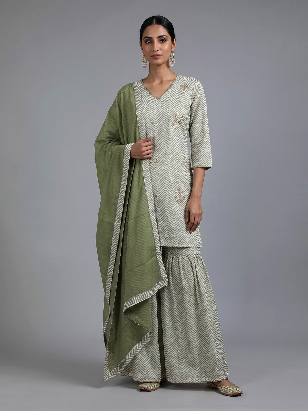 Mehendi green cotton silk kurti set with embellished sharara